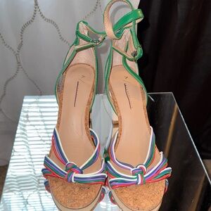 Alexandre Birman Green Multicolor Knot Cork Wedge Sandals